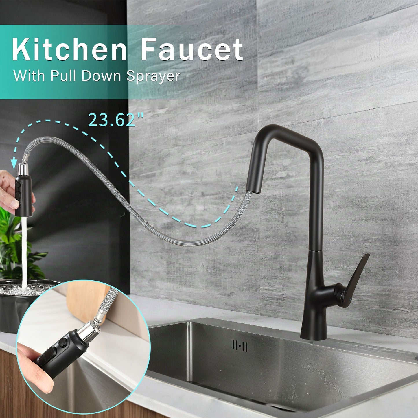 Kitchen faucet with pull-down sprayer, 360 swivel, 3-function head, one-touch switch, matte finish on Tampa Home & Garden Store