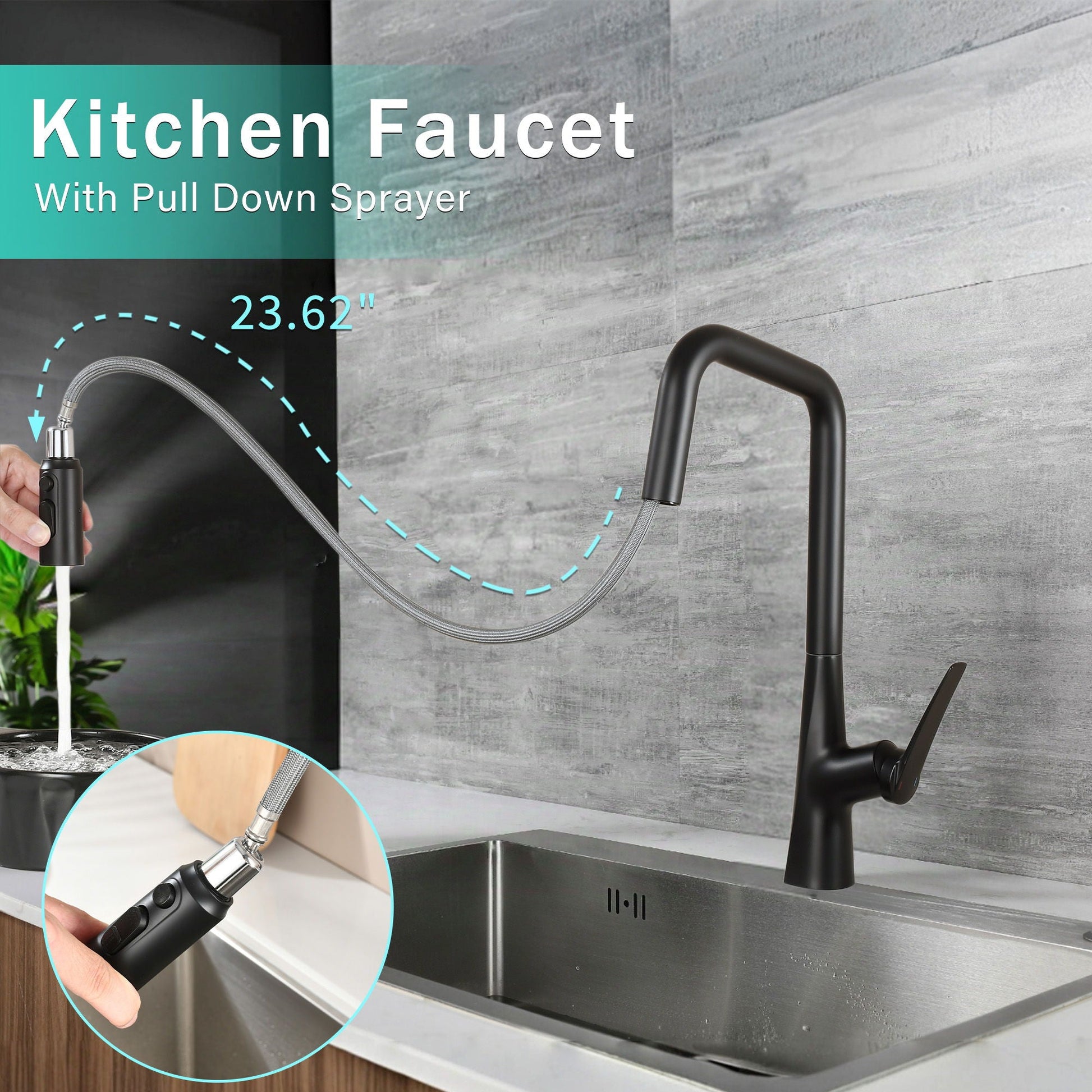 Kitchen faucet with pull-down sprayer, 360 swivel, 3-function head, one-touch switch, matte finish on Tampa Home & Garden Store