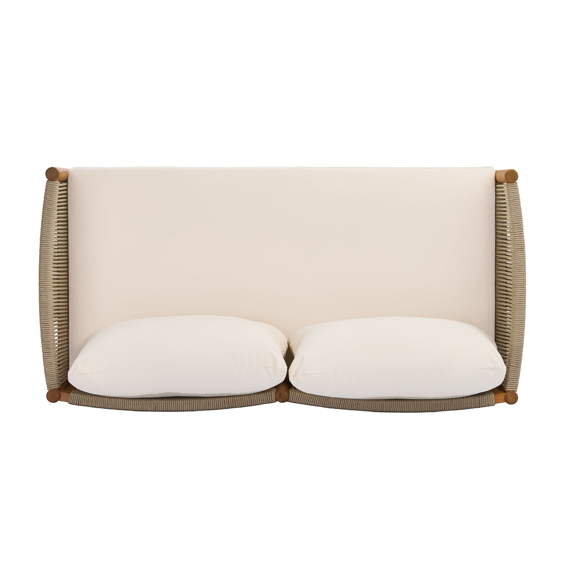 Outdoor loveseat with beige cushions, woven rattan arms and teak-look acacia wood frame on Tampa Home & Garden Store