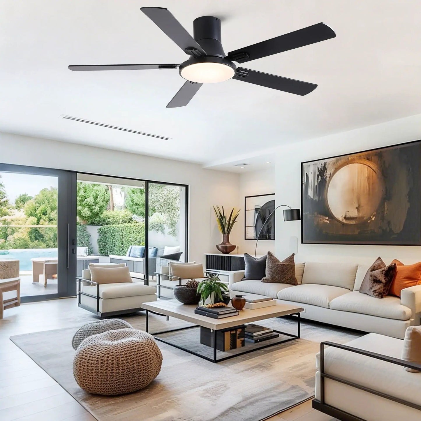 Flush mount ceiling fan with LED light and remote, black 5-blade design by Unique Piece Furniture on Tampa Home & Garden Store