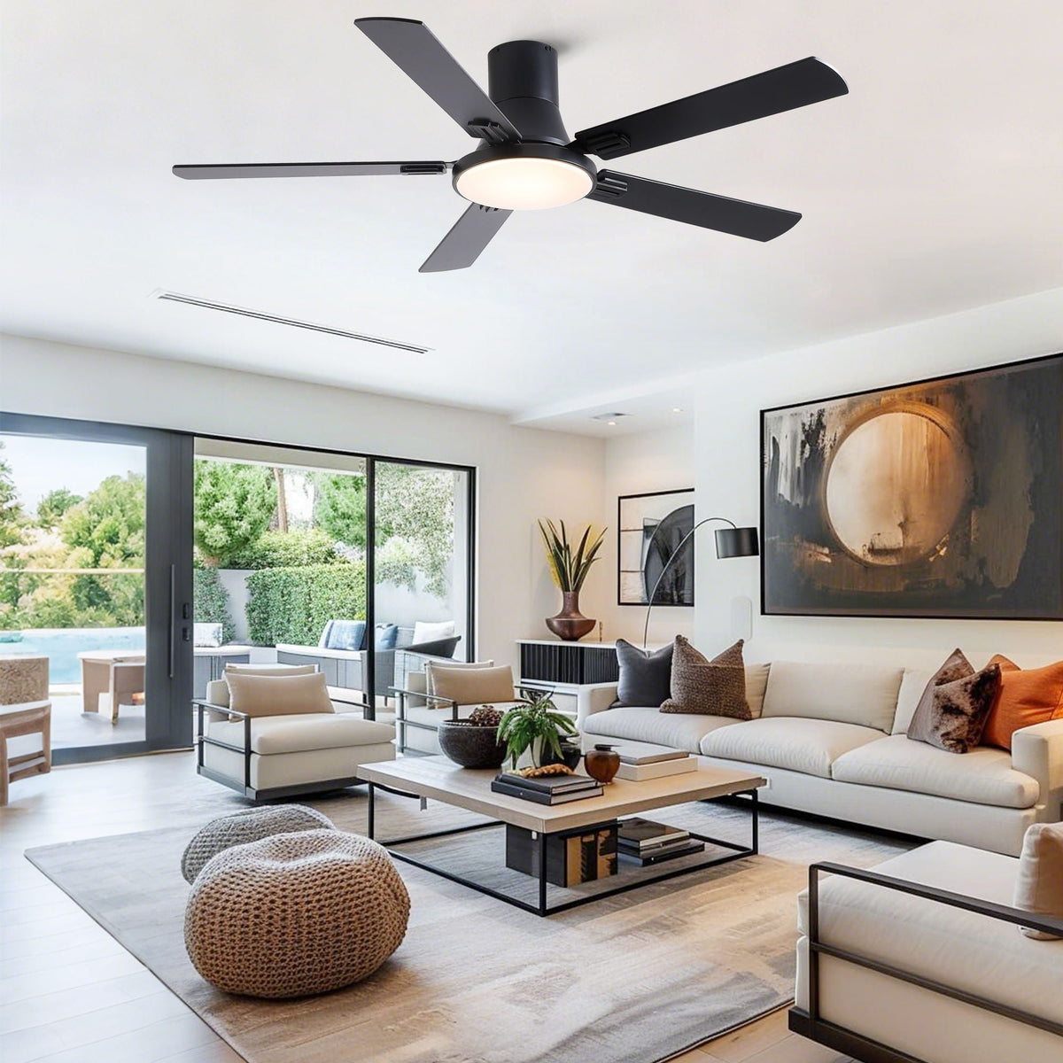 Flush Mount Ceiling Fan with LED Light and Remote in black finish, 5 blades HouseOfZazla on Tampa Home & Garden Store