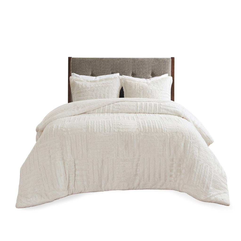Full/Queen Fur Down Alternative Comforter Mini Set in ivory with a quilted block pattern on Tampa Home & Garden Store