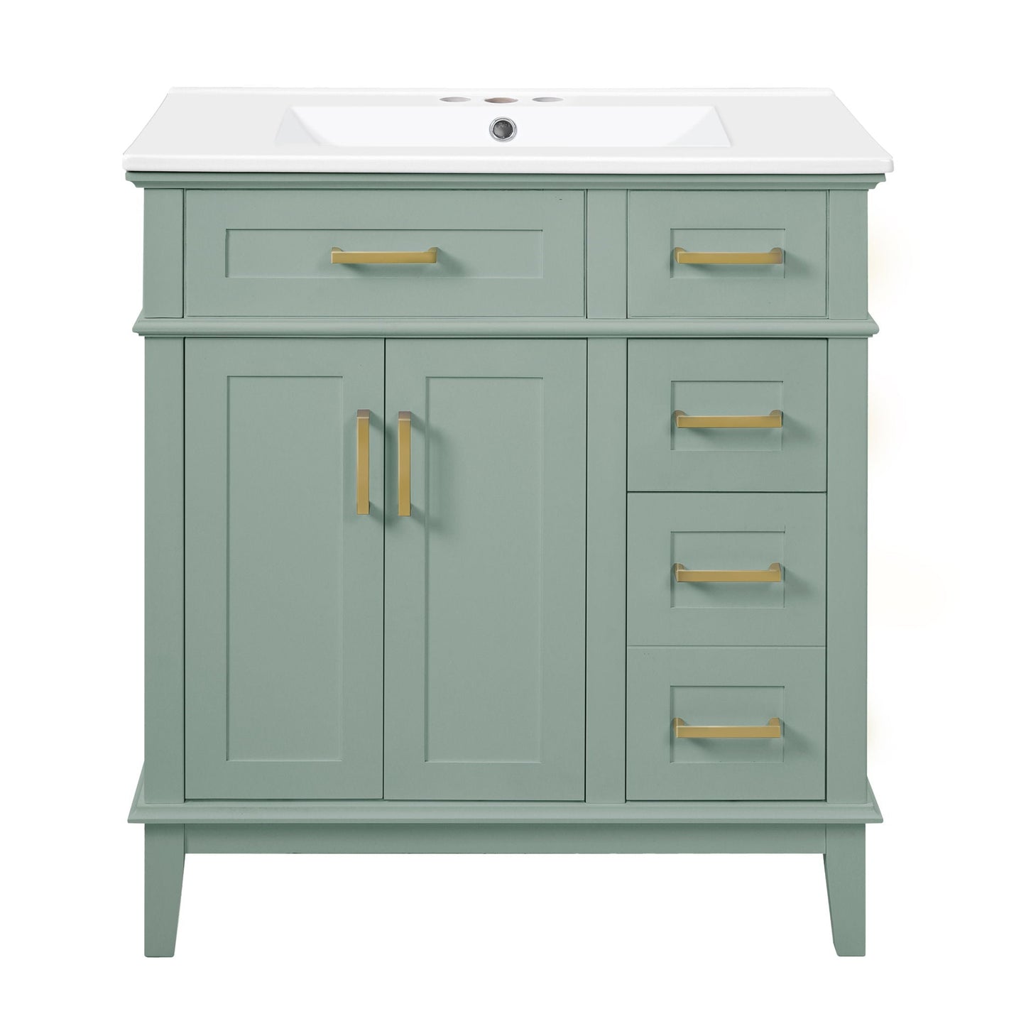 Modern bathroom vanity with sink, deep & standard drawers, sage green with gold hardware on Tampa Home & Garden Store