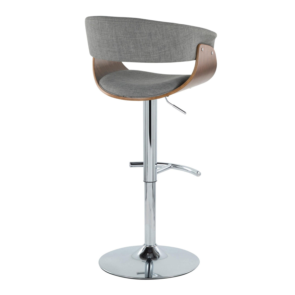 Gray upholstered mid-century adjustable-height swivel barstool with back and chrome base on Tampa Home & Garden Store