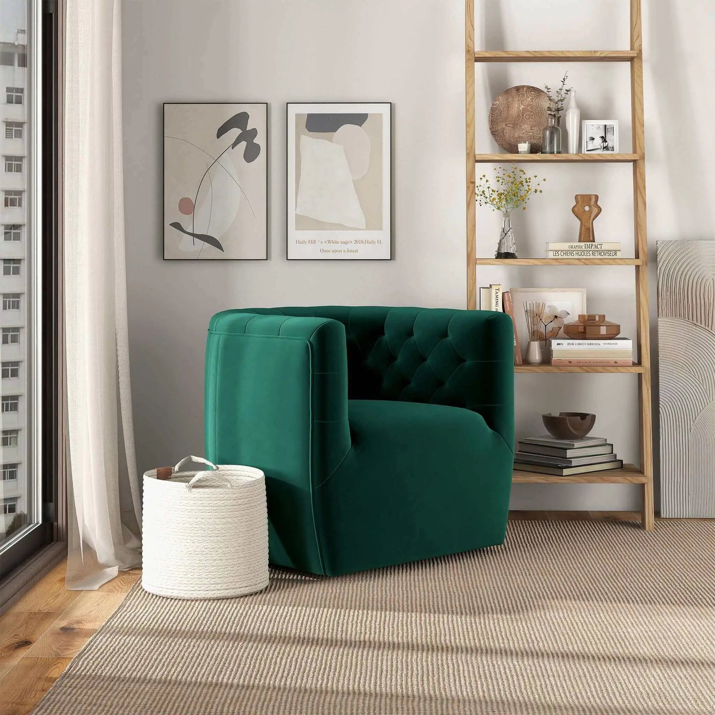 Delaney swivel chair in green velvet with tufted back in a living room beside a wood bookshelf on Tampa Home & Garden Store