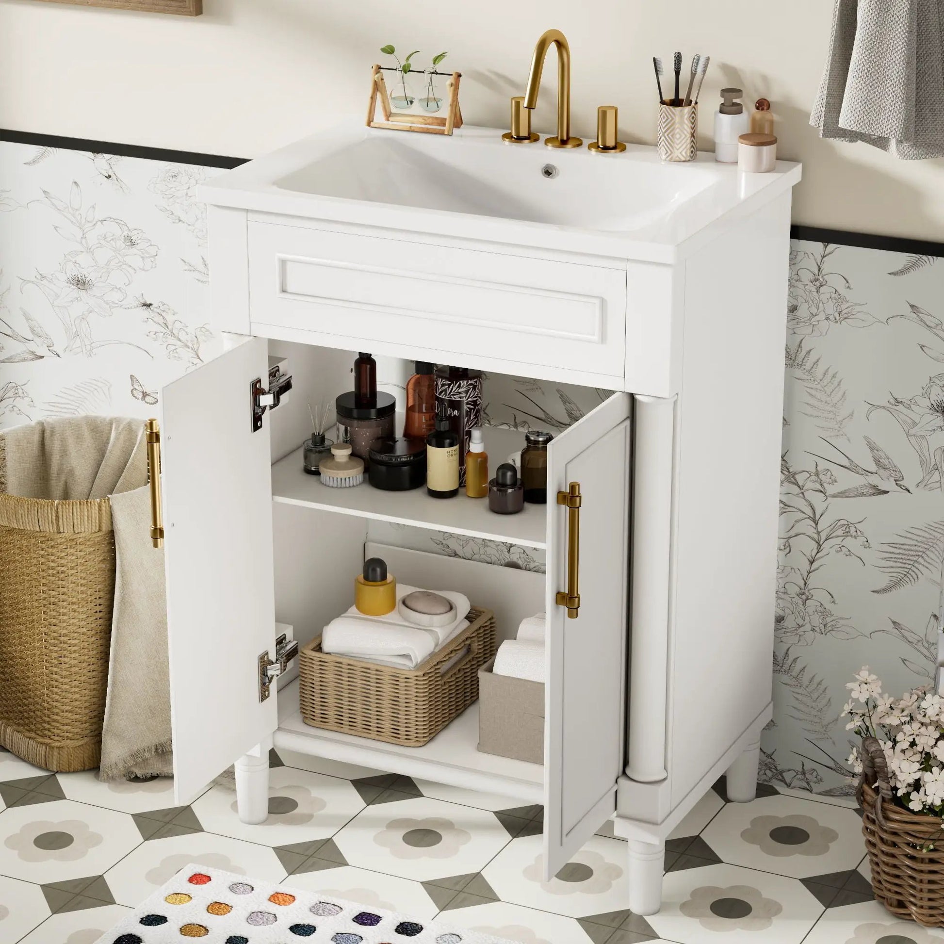 White vanity with integrated sink, brass faucet, 2-door storage by Unique Piece Furniture on Tampa Home & Garden Store