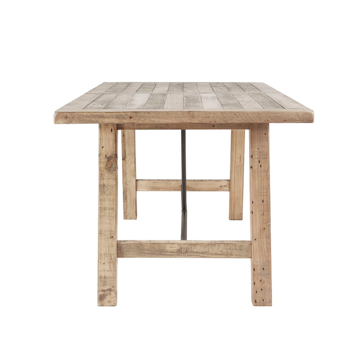 Rustic dining table with natural pine wood finish and metal support, slatted top on Tampa Home & Garden Store