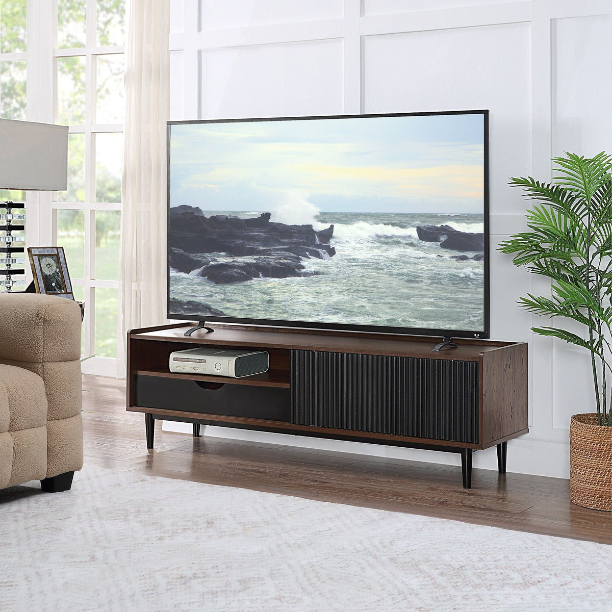 Fluted TV Stand with Sliding Door in dark wood, black ribbed front, TV on top, HouseOfZazla on Tampa Home & Garden Store