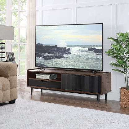 Fluted TV Stand with Sliding Door in dark wood, black ribbed front, TV on top, HouseOfZazla on Tampa Home & Garden Store