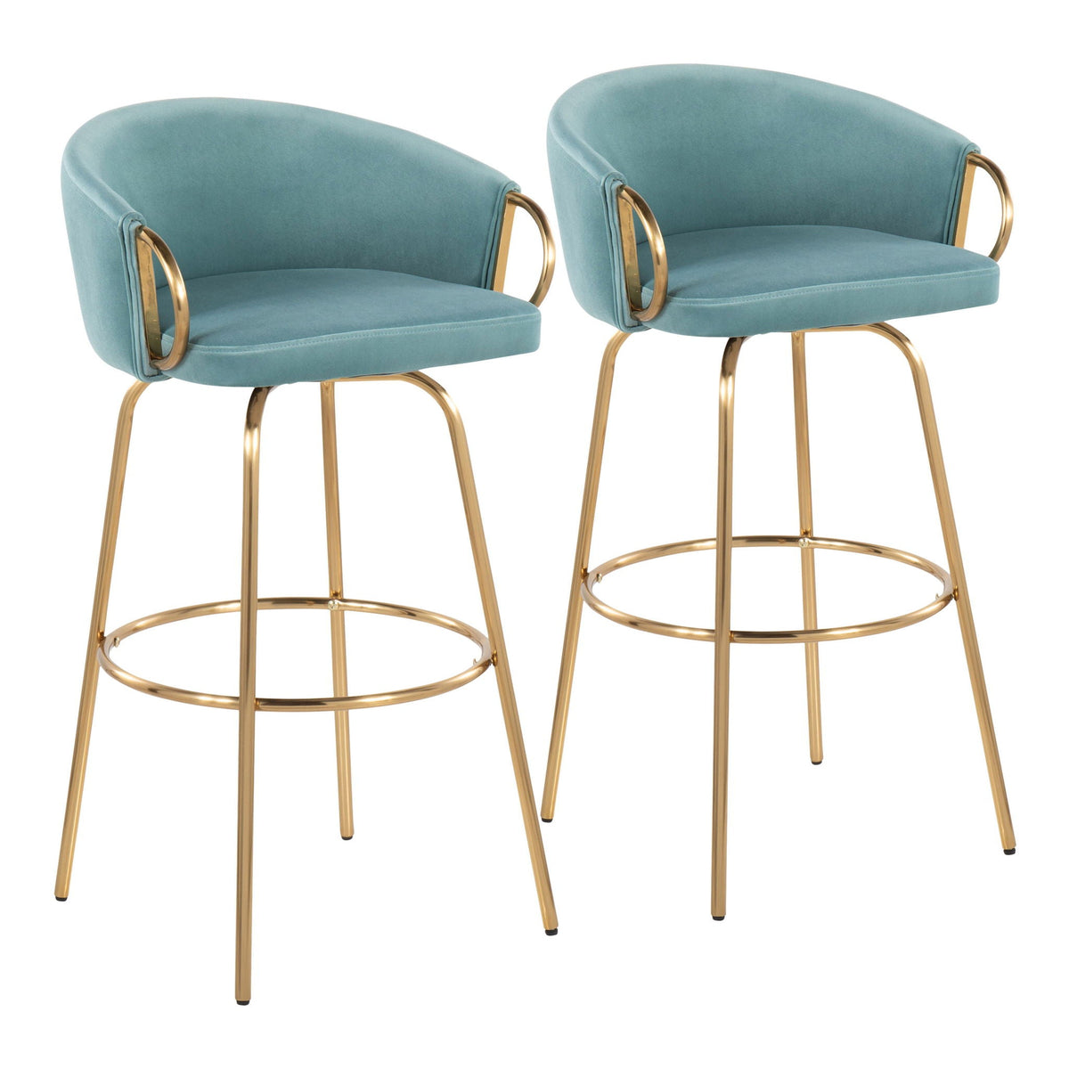 Claire Contemporary fixed-height bar stools in teal velvet with gold round footrests (2) on Tampa Home & Garden Store