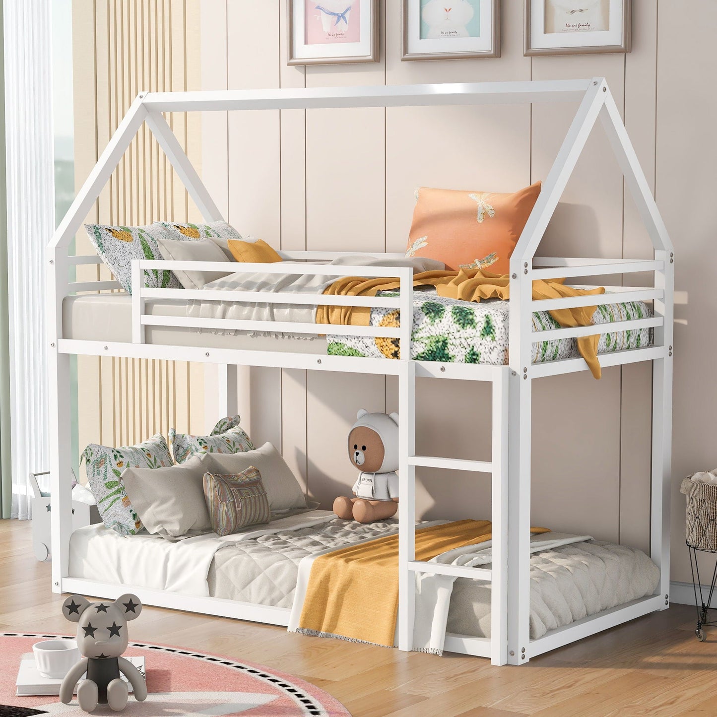 House bunk bed with built-in ladder, white frame, top and bottom bunks with guard rails on Tampa Home & Garden Store