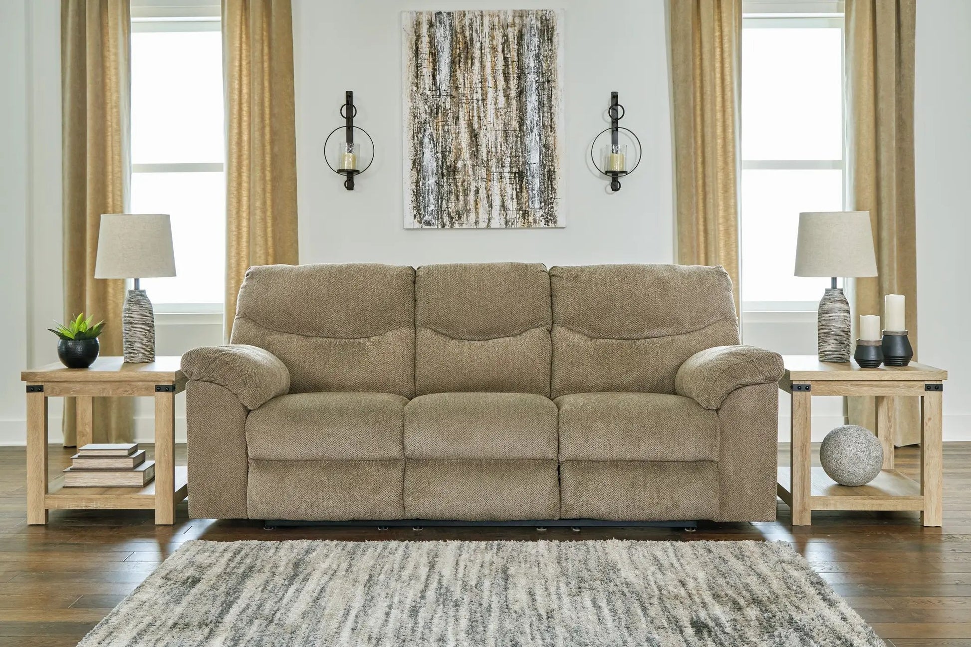Alphons reclining sofa beige fabric by Unique Piece Furniture in a modern living room on Tampa Home & Garden Store