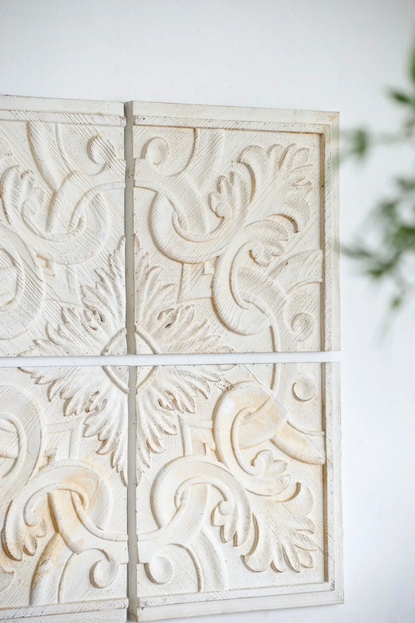 Distressed white wood square wall panels set of 4 with carved floral pattern on Tampa Home & Garden Store