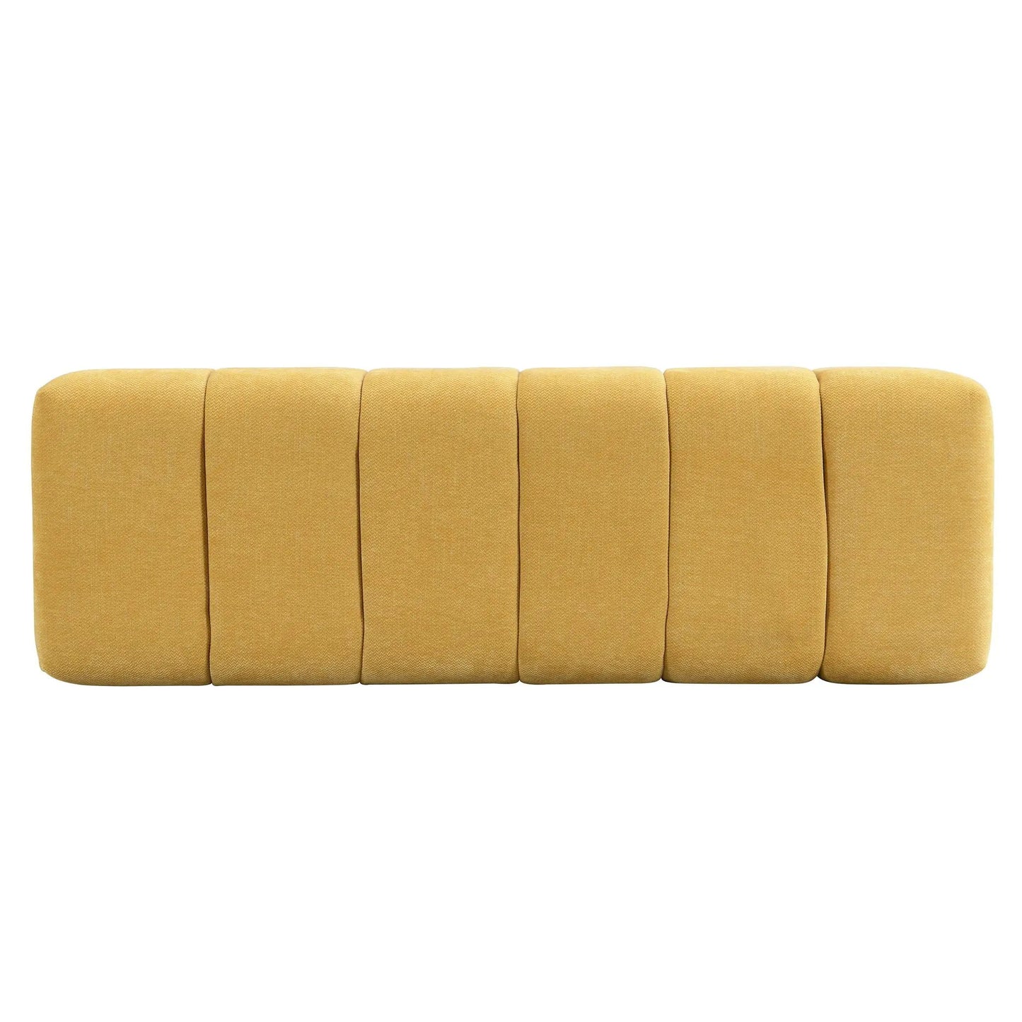 Upholstered dining bench mustard yellow fabric with tufted cushions on Tampa Home & Garden Store