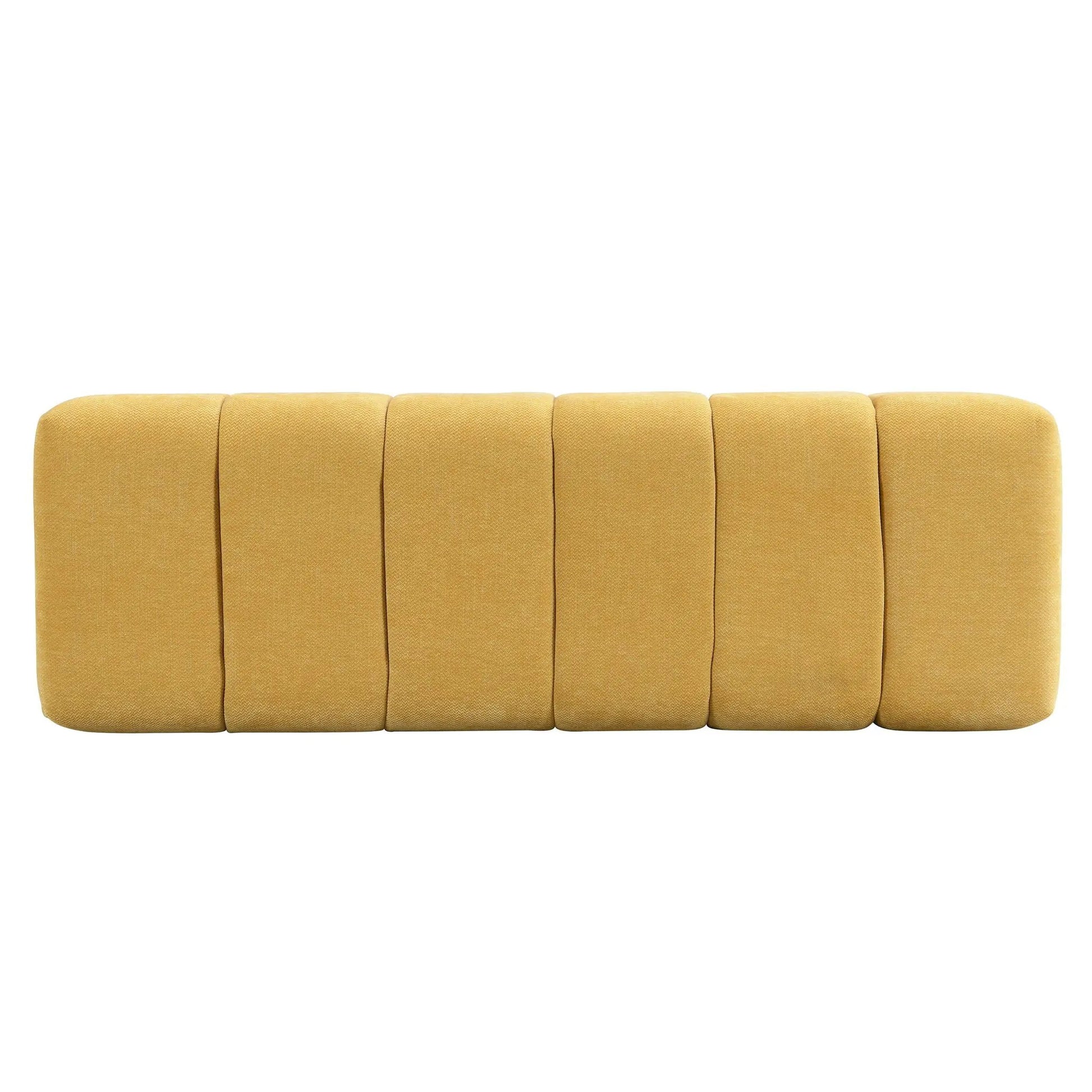 Upholstered dining bench mustard yellow fabric with tufted cushions on Tampa Home & Garden Store