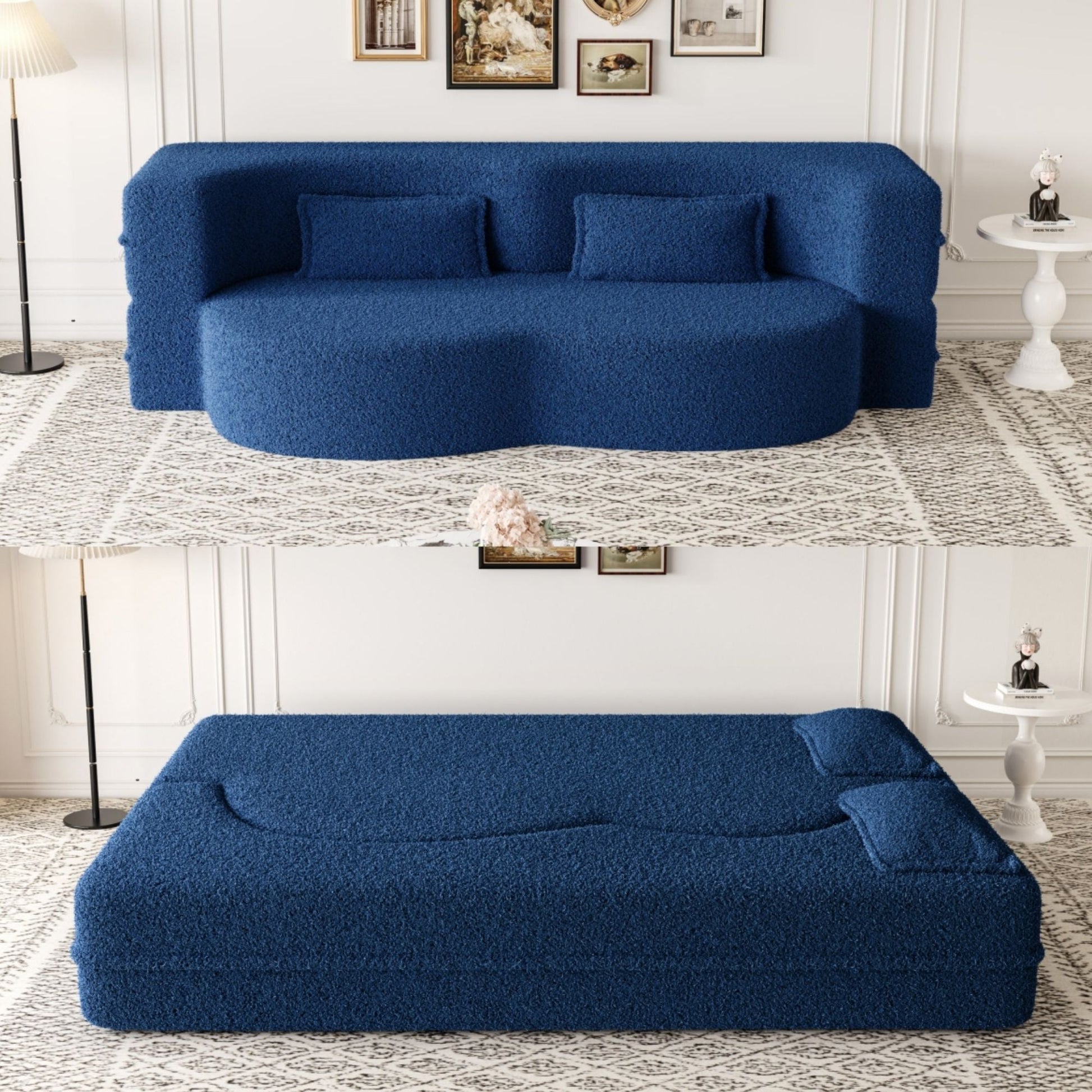 Futon sofa in blue teddy fabric with two foam-filled pillows on floor on Tampa Home & Garden Store