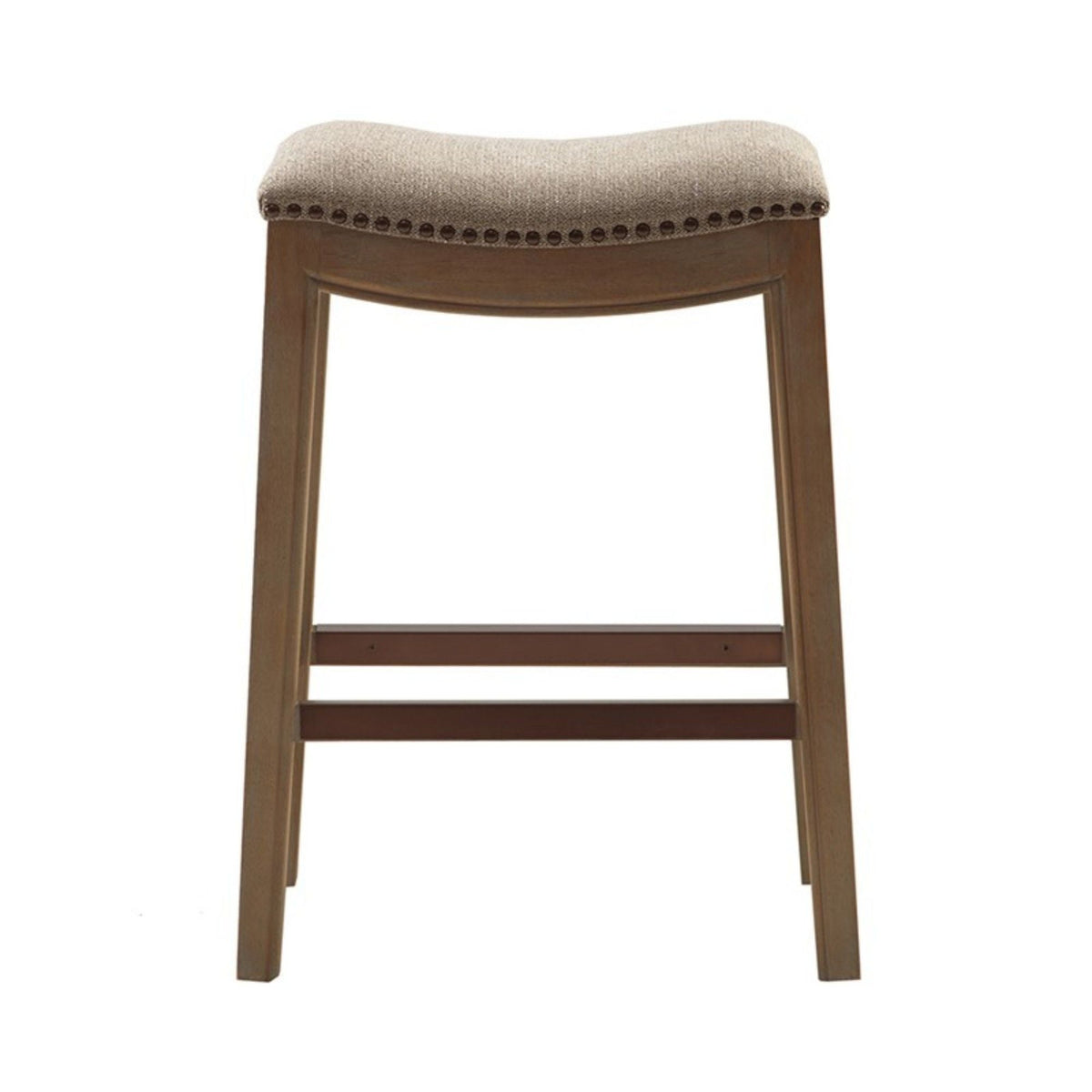 Saddle Counter Stool with High Density Foam in light brown fabric, nailhead trim, wood legs on Tampa Home & Garden Store