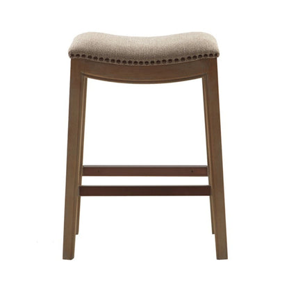 Saddle Counter Stool with High Density Foam in light brown fabric, nailhead trim, wood legs on Tampa Home & Garden Store