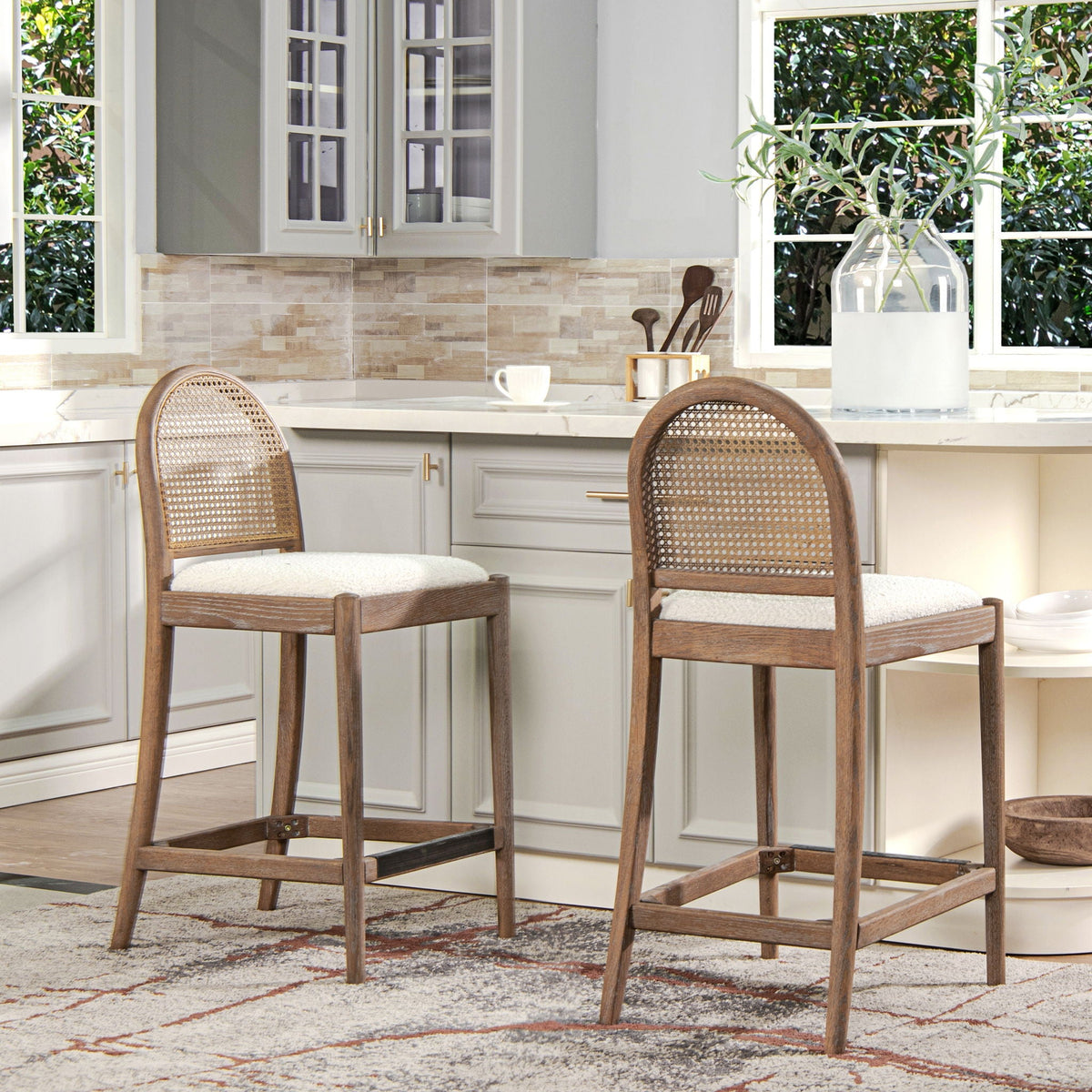 Curved Back Cane Counter Stools with Cane Webbing, wood frame, natural finish set of 2 on Tampa Home & Garden Store