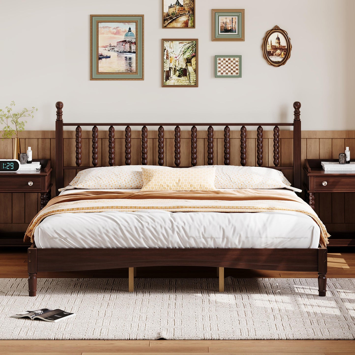 King size wood platform bed with gourd headboard by HouseOfZazla in dark walnut on Tampa Home & Garden Store