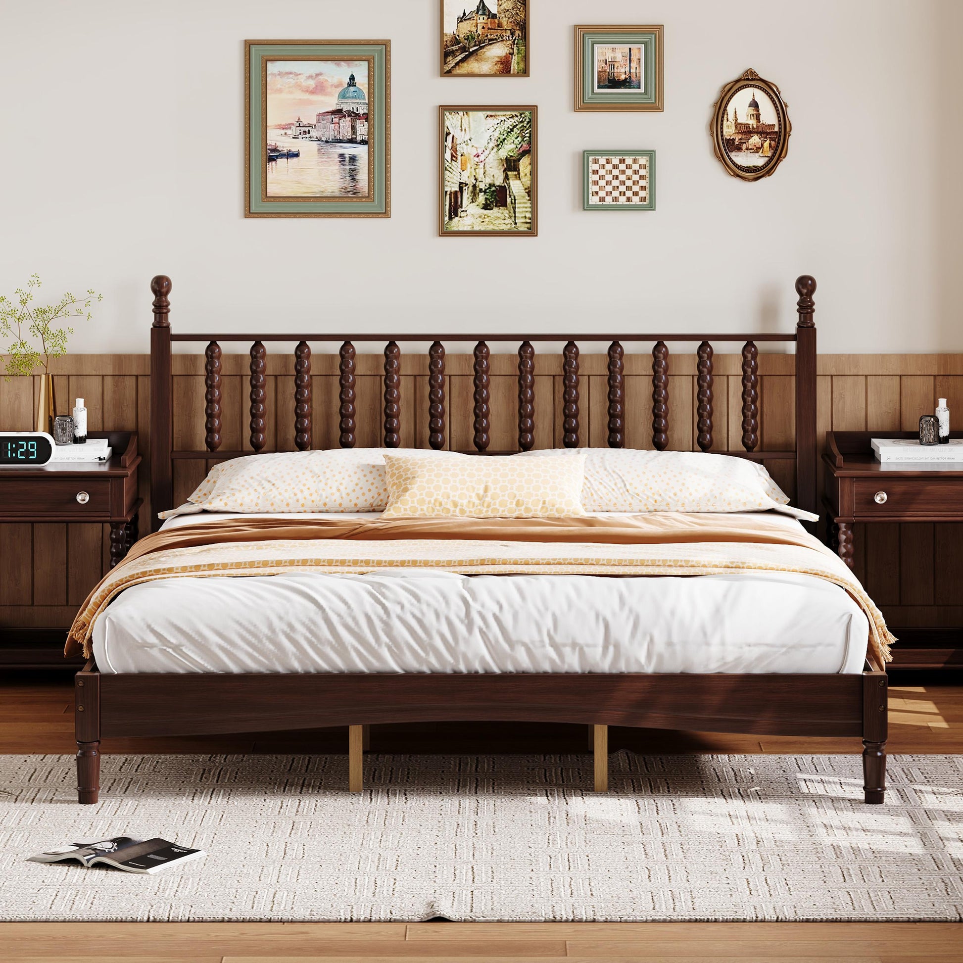 King size wood platform bed with gourd headboard by HouseOfZazla in dark walnut on Tampa Home & Garden Store