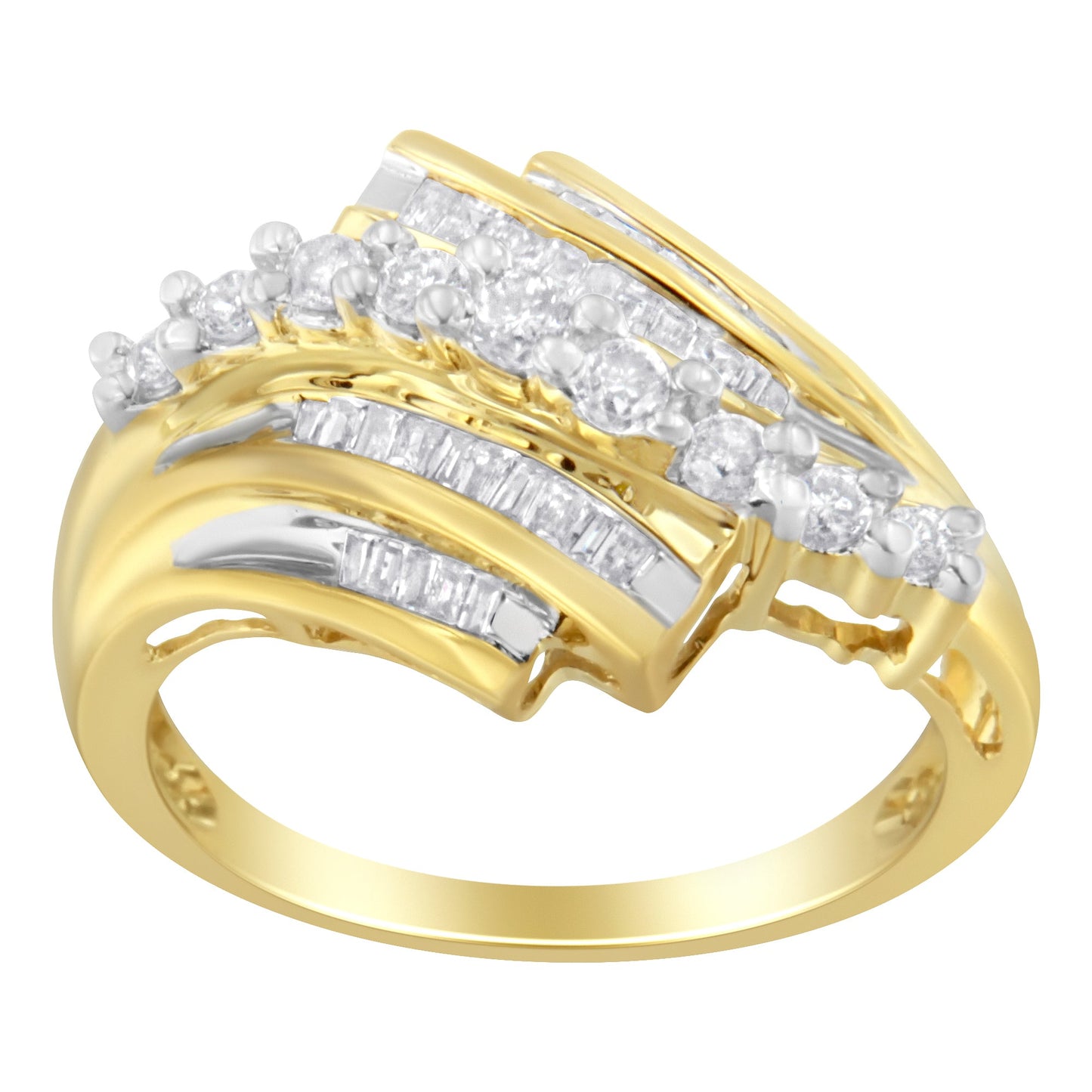 10K yellow gold ring with round and baguette diamonds, I-J color, I1-I2 clarity, size 7 on Tampa Home & Garden Store