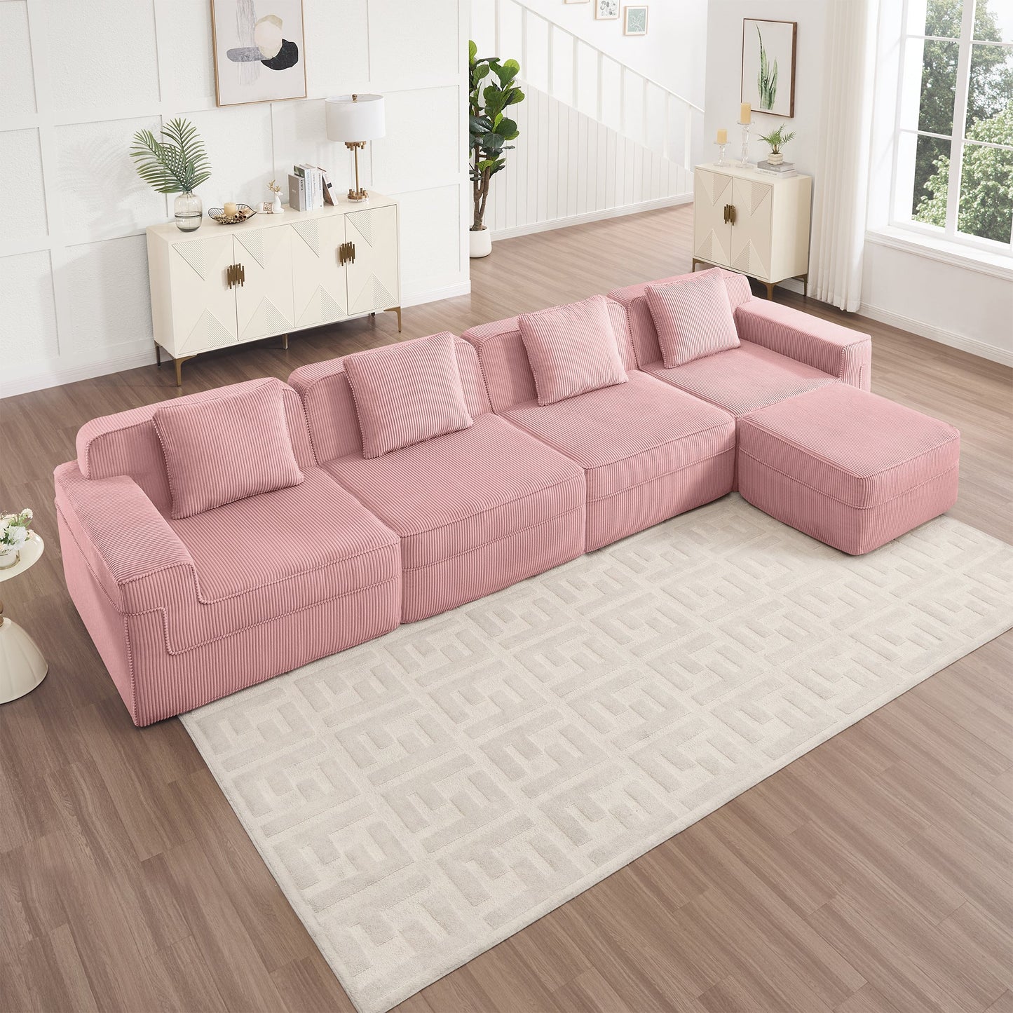 Modular 4-seat L-shaped boneless sofa in pink corduroy by HouseOfZazla on Tampa Home & Garden Store