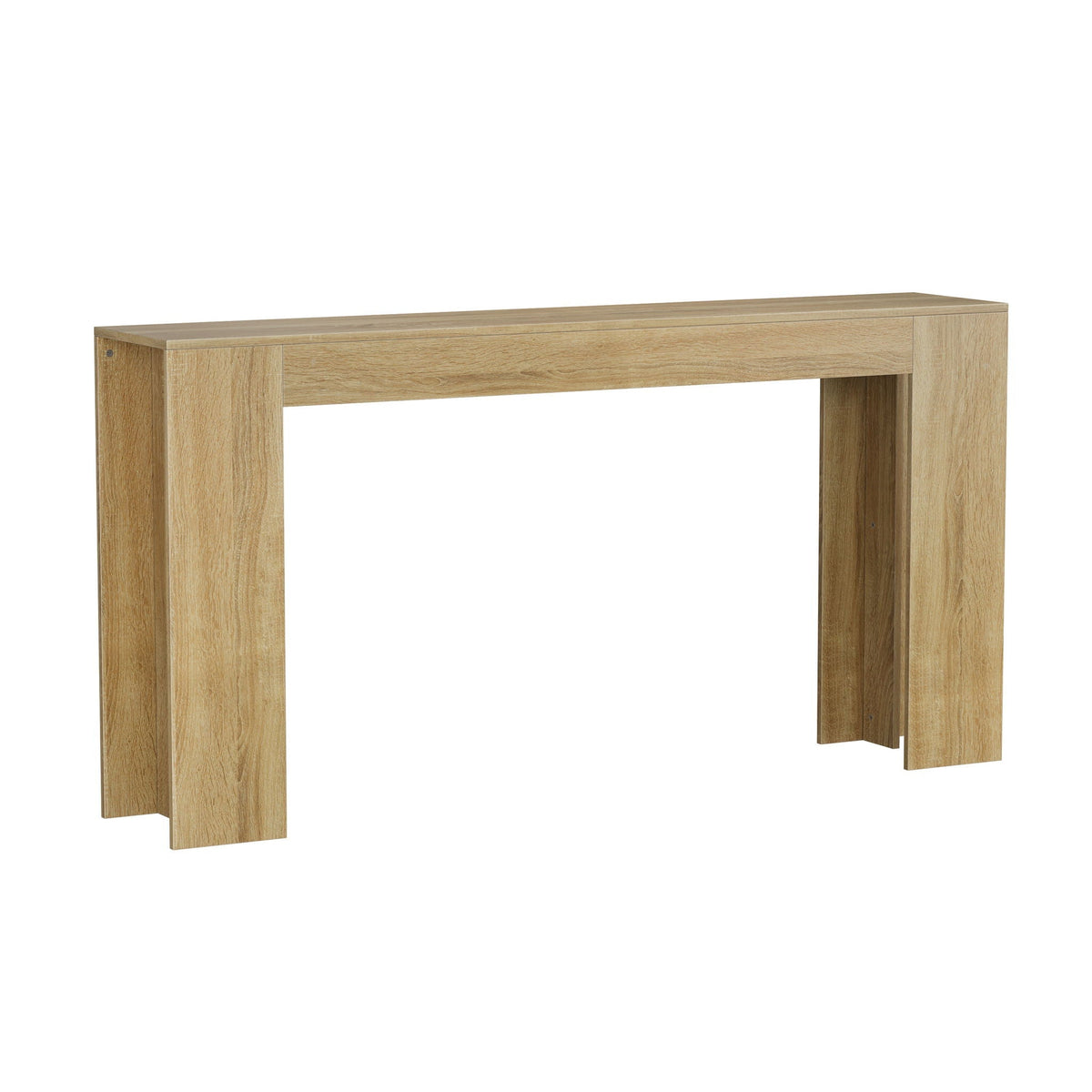 Farmhouse style extra long walnut console table with slim profile in light brown finish on Tampa Home & Garden Store