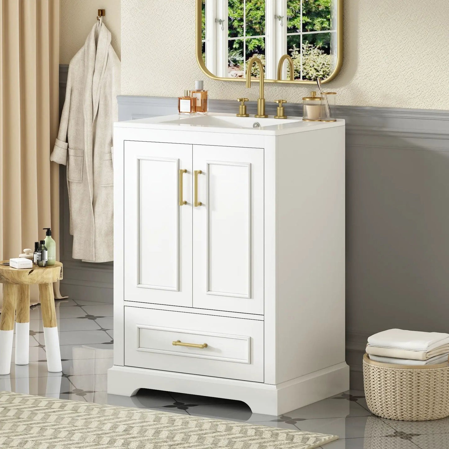 Bathroom vanity with sink, white cabinet with 2 doors and 1 drawer, brass hardware, gold faucet on Tampa Home & Garden Store