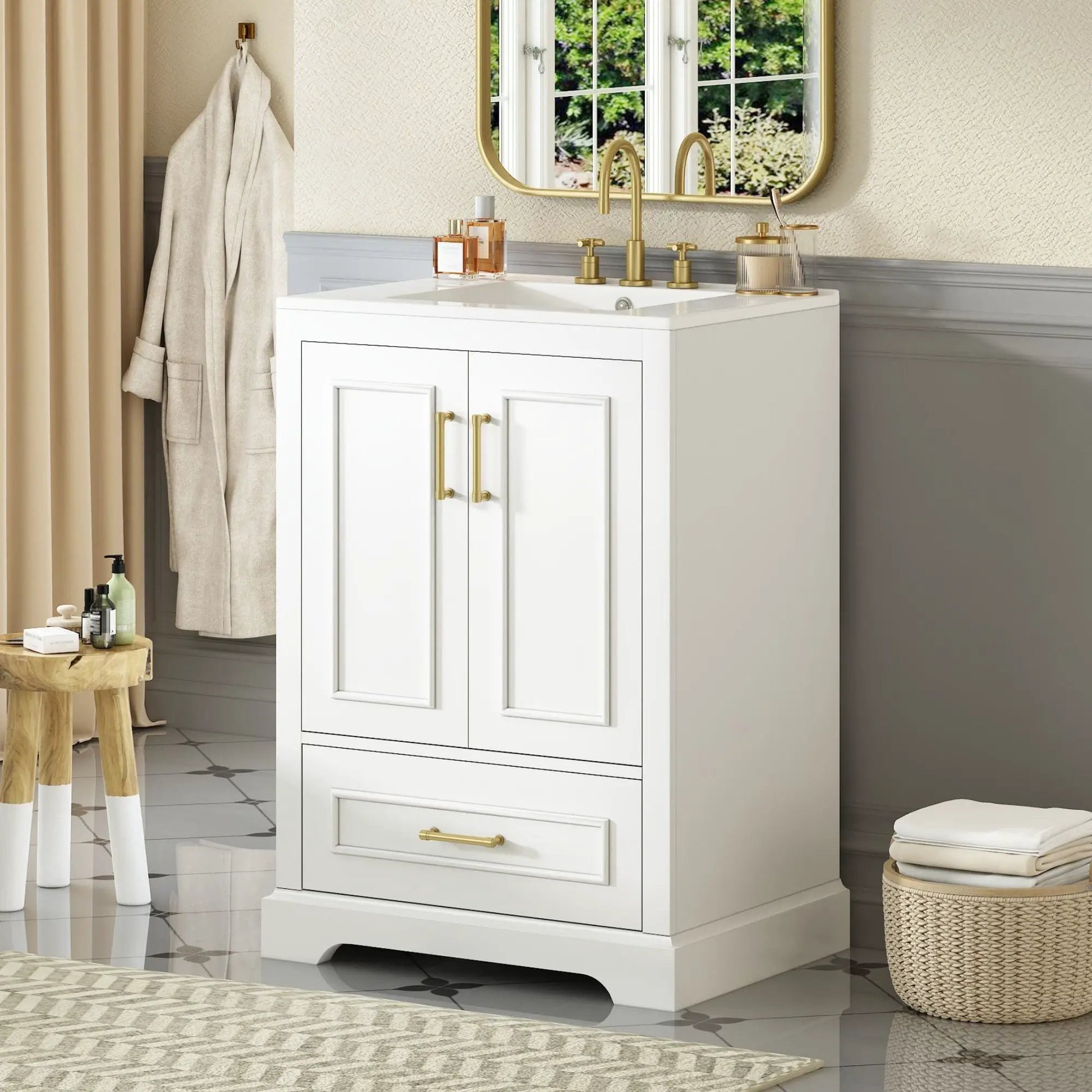 Bathroom vanity with sink, white cabinet with 2 doors and 1 drawer, brass hardware, gold faucet on Tampa Home & Garden Store