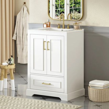 Bathroom vanity with sink, white cabinet with 2 doors and 1 drawer, brass hardware, gold faucet on Tampa Home & Garden Store