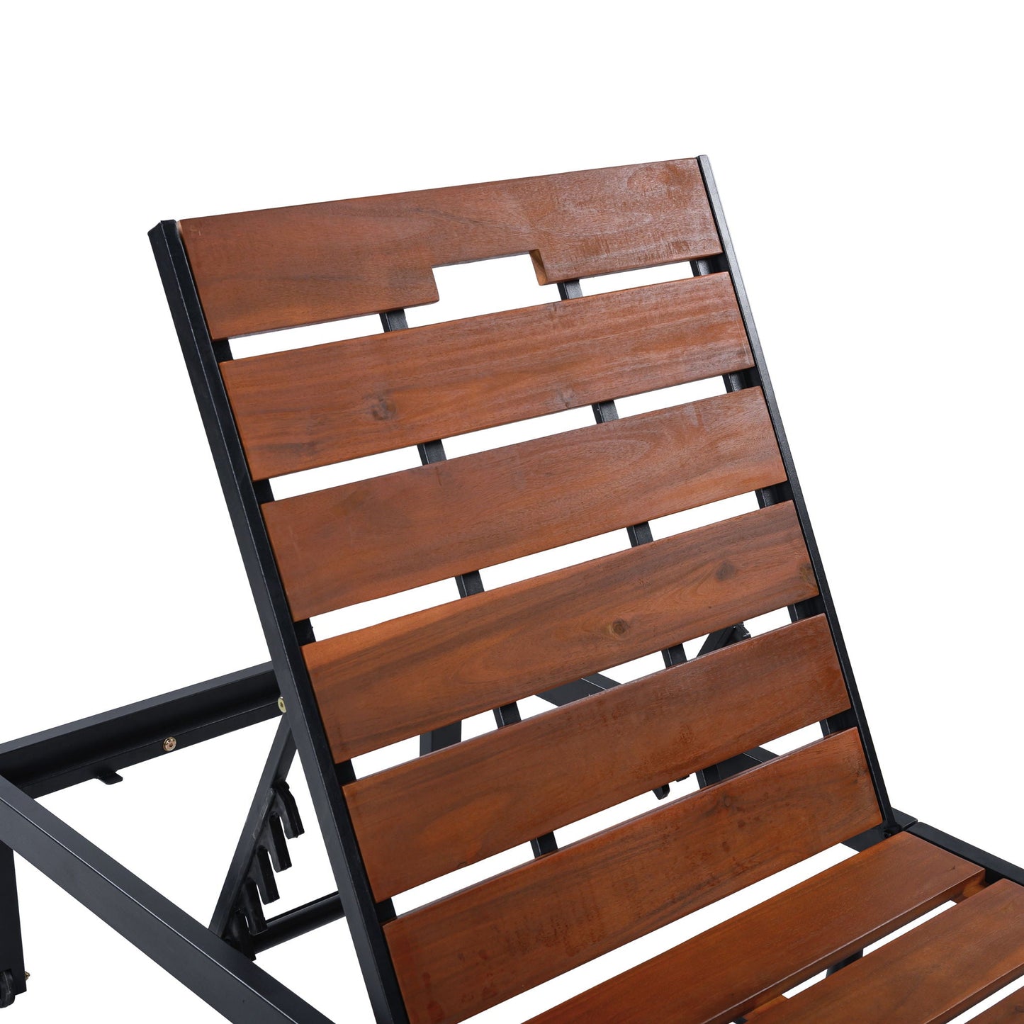 Outdoor chaise sunlounger with adjustable backrest, brown wood slats, black frame on Tampa Home & Garden Store