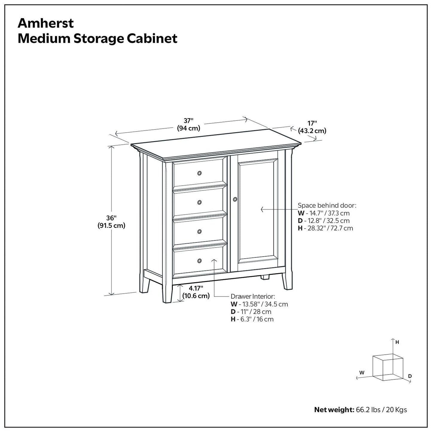 Amherst Handcrafted Medium Storage Cabinet, accent cabinet with four drawers and a door on Tampa Home & Garden Store