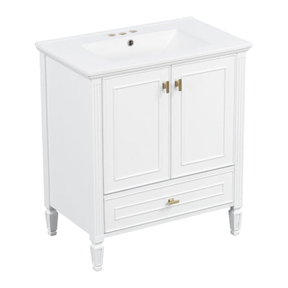 Freestanding white vanity by HouseOfZazla with sink, 2 doors and 1 bottom drawer, gold hardware on Tampa Home & Garden Store