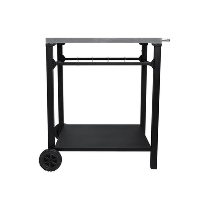 2-Tier Outdoor Grill Cart by HouseOfZazla, black metal frame with chrome top rail and lower shelf with wheels on Tampa Home & Garden Store