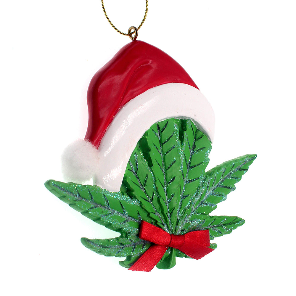 Adorno de hoja de cannabis con gorro de Papá Noel