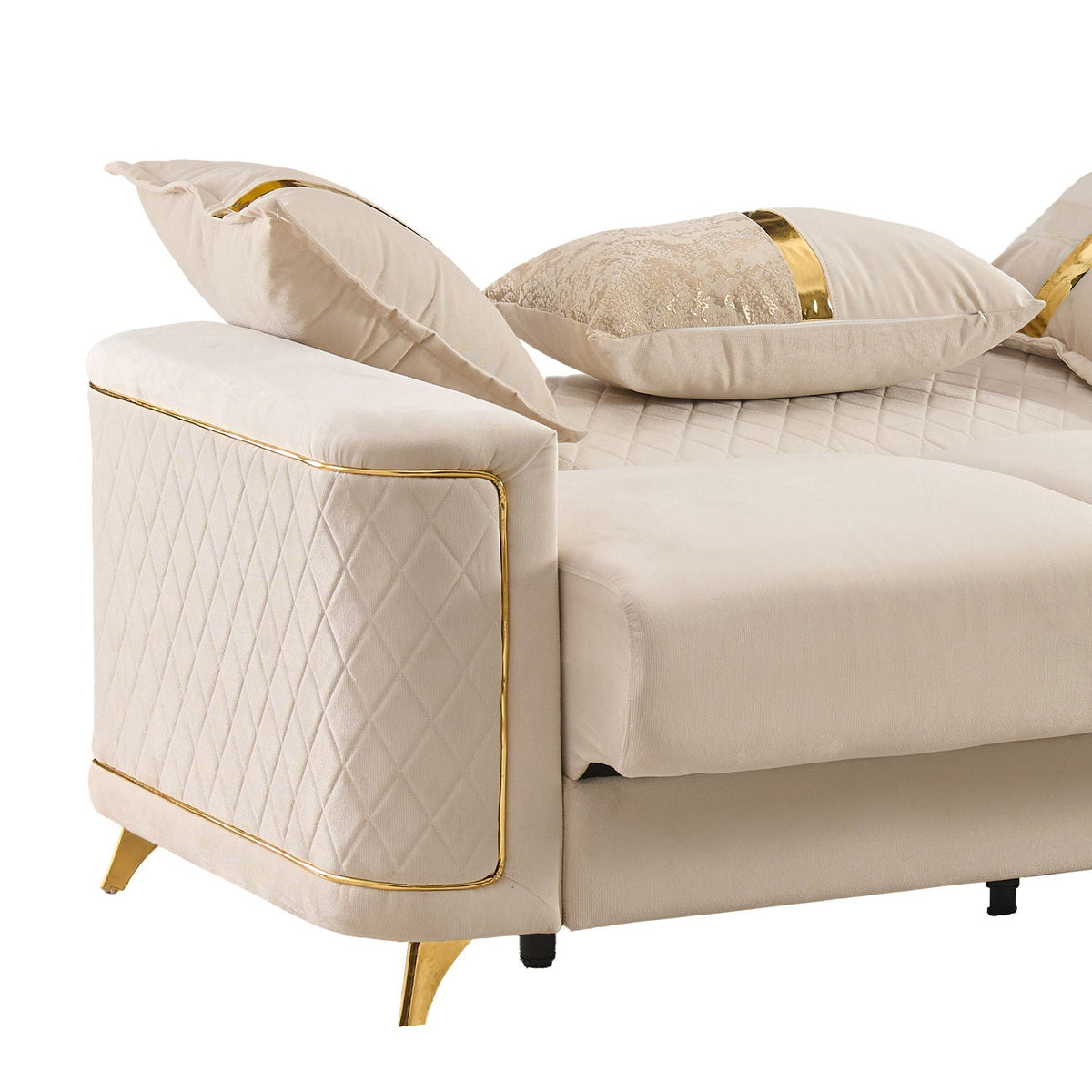 Upholstered living room sofa with gold-tone legs, beige fabric, diamond quilted sides HouseOfZazla on Tampa Home & Garden Store
