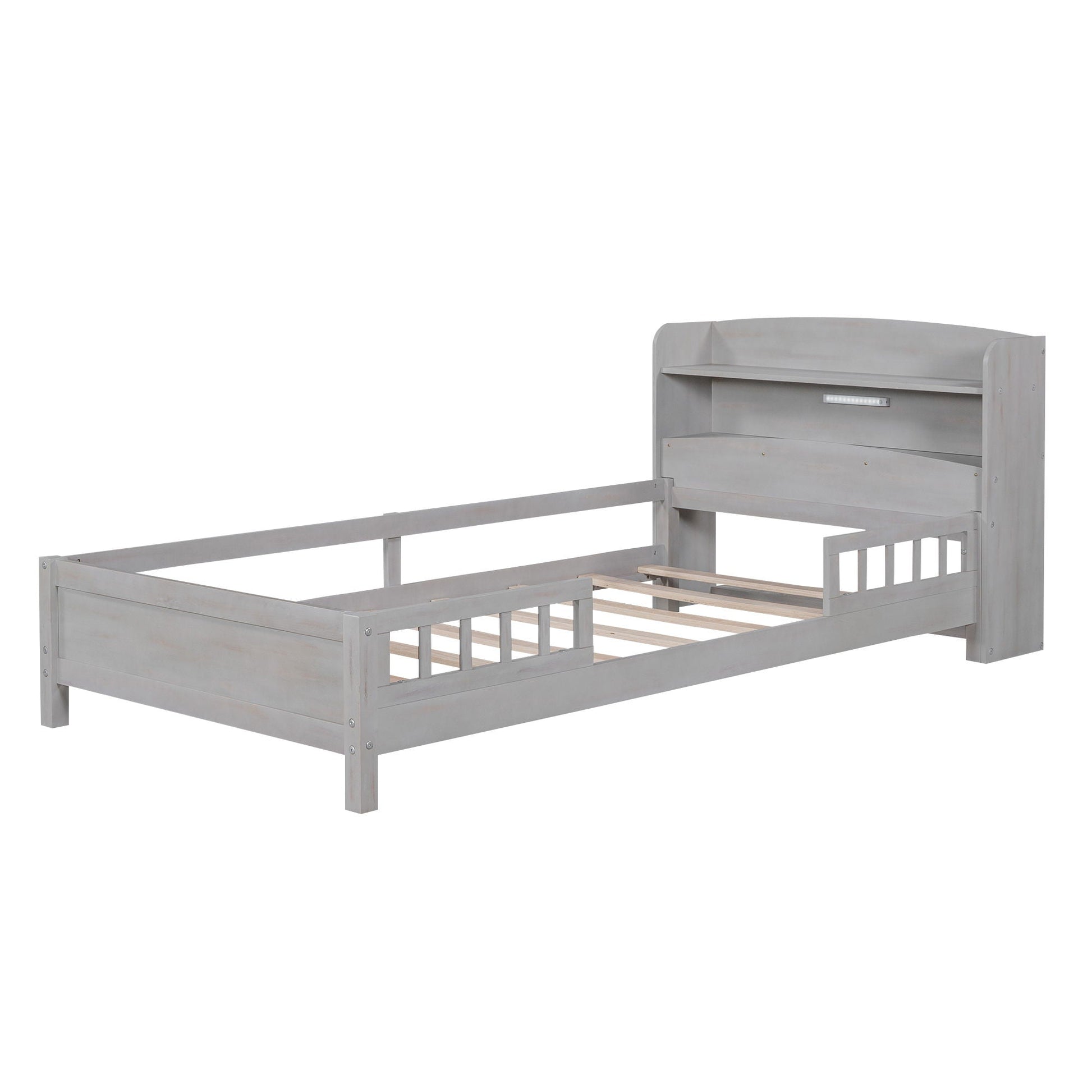 Wood platform bed with built-in LED light, storage headboard and guardrails by HouseOfZazla on Tampa Home & Garden Store