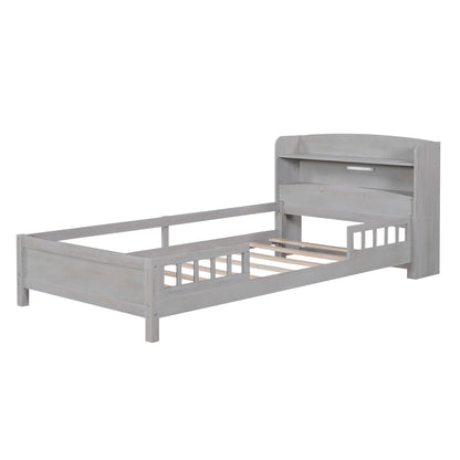 Wood platform bed with built-in LED light, storage headboard and guardrails by HouseOfZazla on Tampa Home & Garden Store
