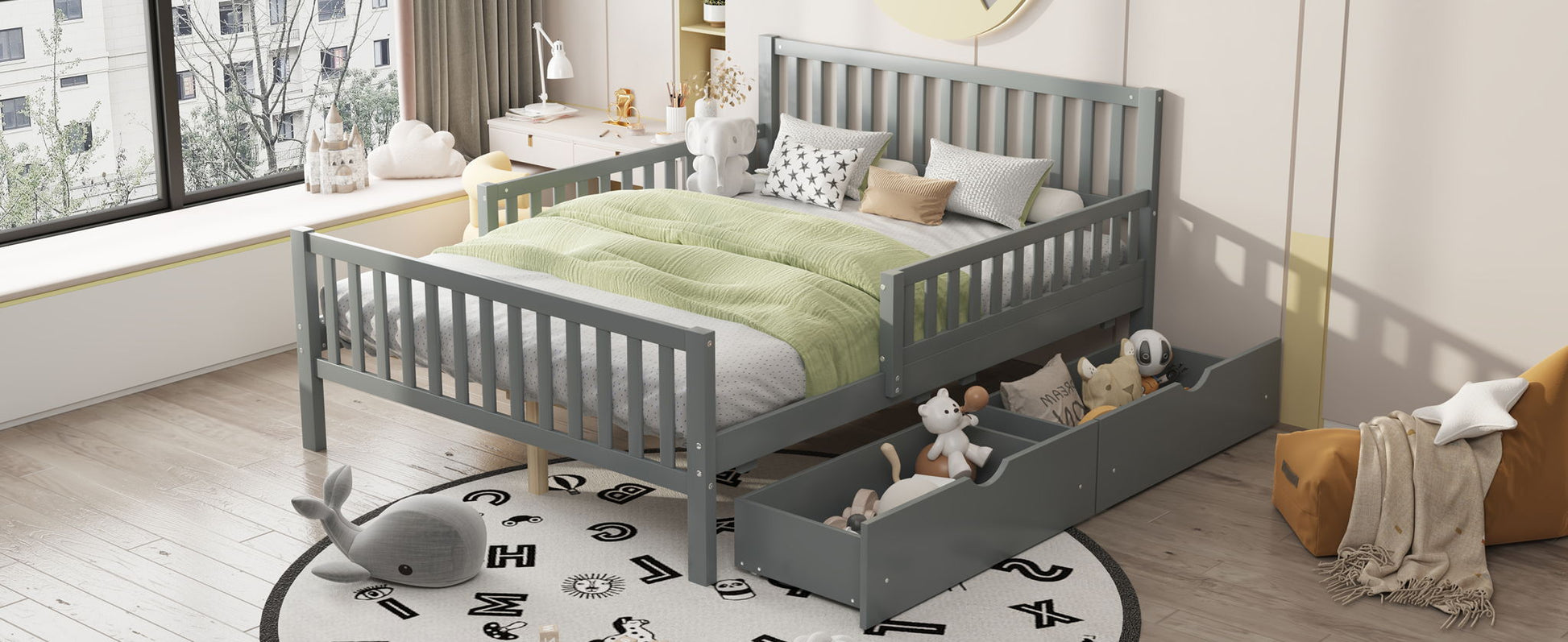 Gray platform bed with guardrails and 2 under-bed storage drawers by HouseOfZazla on Tampa Home & Garden Store