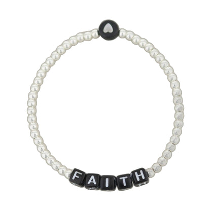 Lorelai Faith Silver 3mm Beads Bracelet with white pearl beads and black FAITH beads on Tampa Home & Garden Store