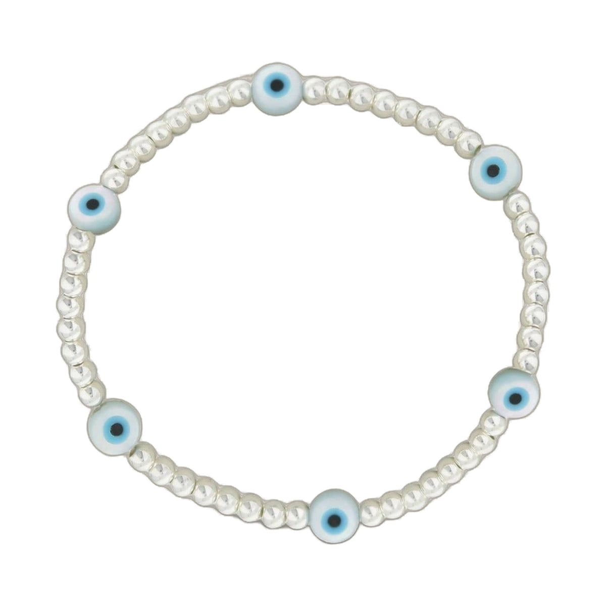Lorelai Evil Eye Silver 3mm Beads Bracelet with white faceted beads and blue eye charms on Tampa Home & Garden Store