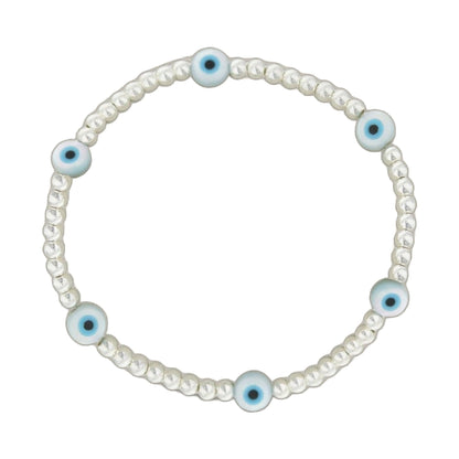 Lorelai Evil Eye Silver 3mm Beads Bracelet with white faceted beads and blue eye charms on Tampa Home & Garden Store