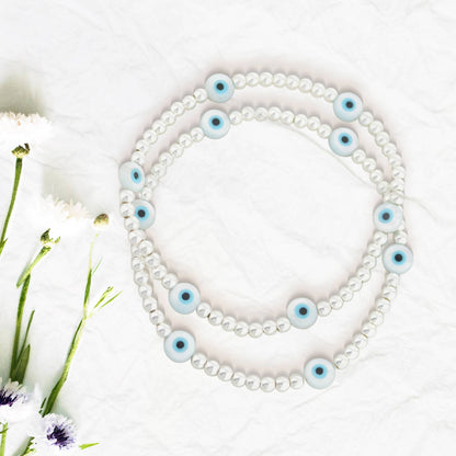 Lorelai Evil Eye 3mm Beads Bracelet with white seed beads and blue eye charms by Lauren G Adams on Tampa Home & Garden Store