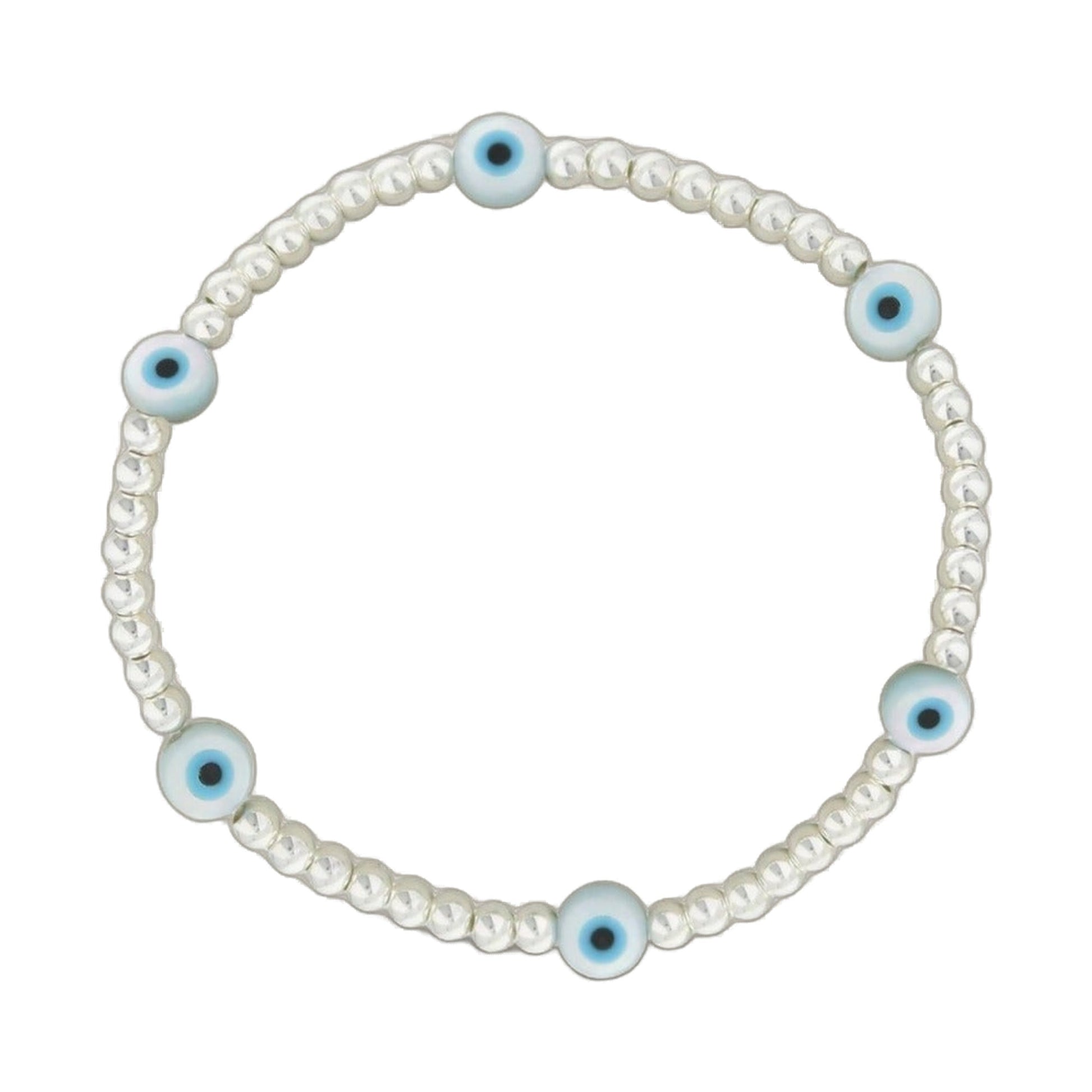 Lorelai Evil Eye Silver 3mm Beads Bracelet with blue eye accents and white seed beads on Tampa Home & Garden Store