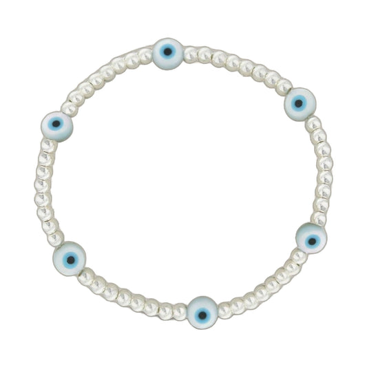 Lorelai Evil Eye Silver 3mm Beads Bracelet with blue eye accents and white seed beads on Tampa Home & Garden Store