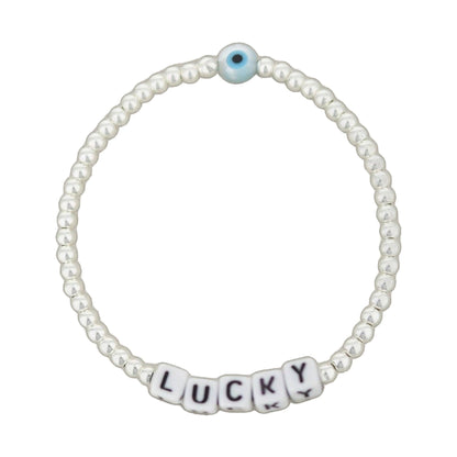 Lorelai Lucky Silver 3mm Beads Bracelet with white beads and blue evil eye on Lauren G Adams on Tampa Home & Garden Store