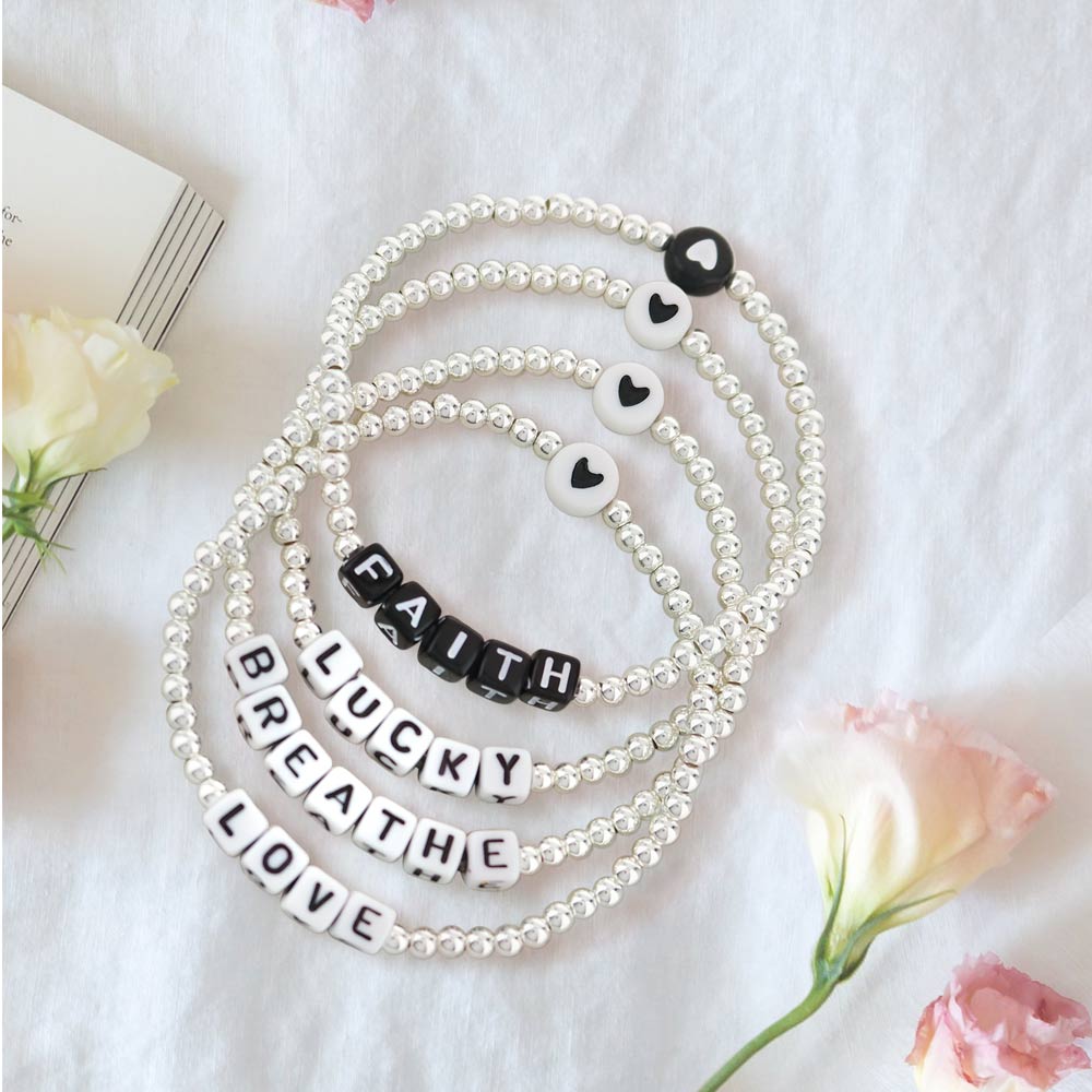 Lorelai Love Silver 3mm Beads Bracelet set of four with FAITH LUCKY BREATH LOVE on Tampa Home & Garden Store