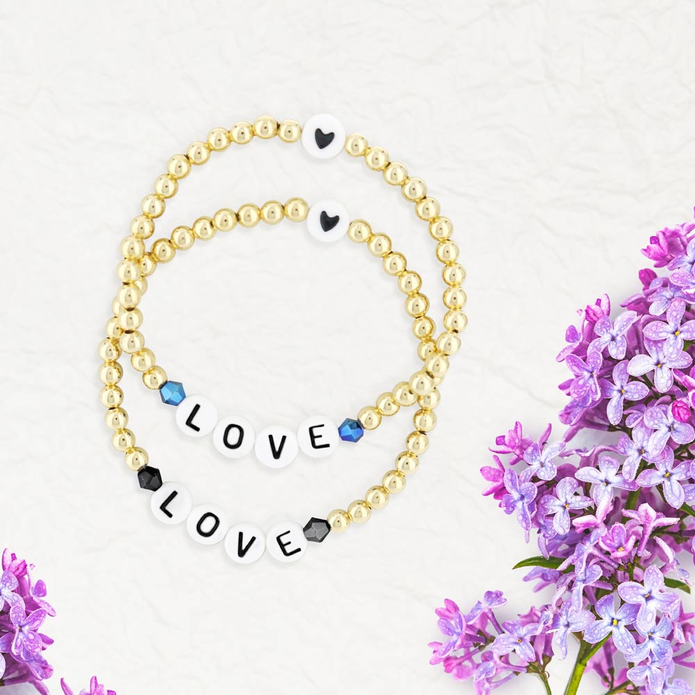 Lorelai Love bracelets by Lauren G Adams: gold-filled 4mm beads with LOVE beads and blue on Tampa Home & Garden Store