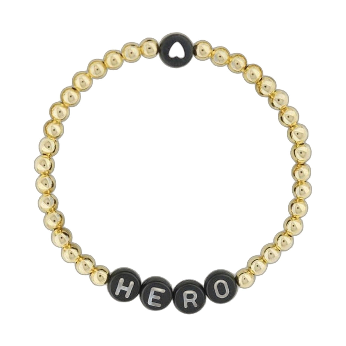 Lorelai Hero bracelet with 14k gold-filled 4mm beads and black HERO alphabet beads on Tampa Home & Garden Store